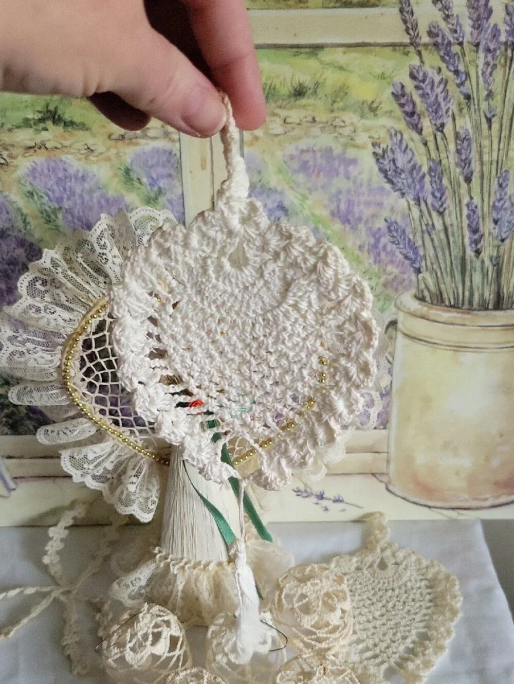Handmade Corn Husk Angel Figurine & Crochet Lace Ornaments Doilies Lot